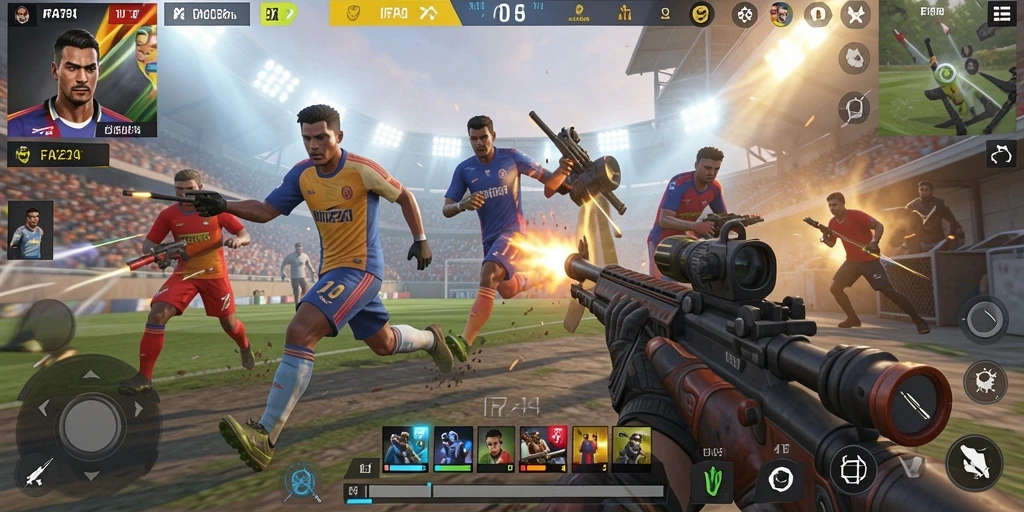 Screenshot menampilkan aksi tembak-menembak intens di FIFA234.