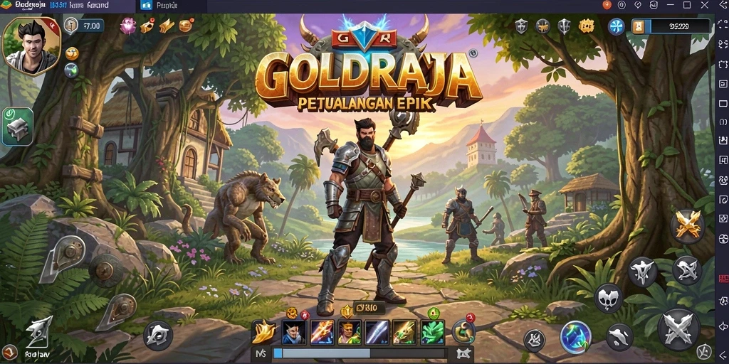 Screenshot gameplay RPG GOLDRAJA menampilkan pertarungan seru dan karakter dinamis.