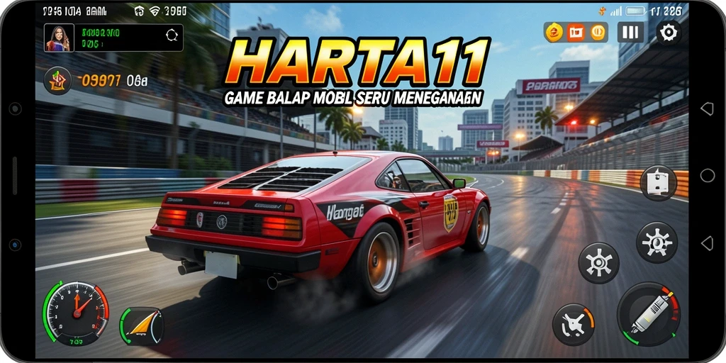 Screenshot HARTA11 menunjukkan aksi balap yang mendebarkan dan kendaraan canggih.