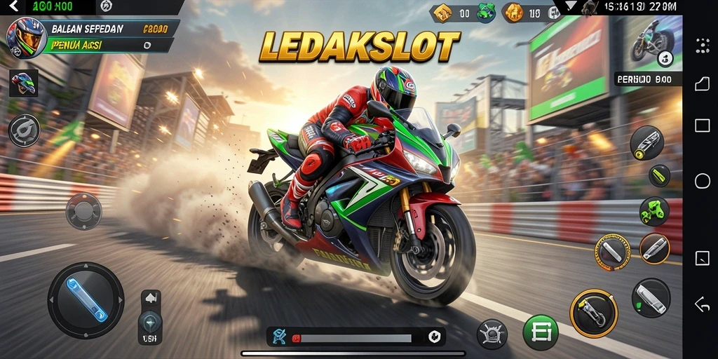 Tampilan gameplay <strong>LEDAKSLOT</strong> yang seru dalam balapan sepeda motor.