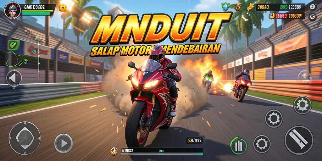 Tangkapan layar gameplay <strong>MNDUIT</strong> yang menampilkan balapan motor yang intens dan mendebarkan.