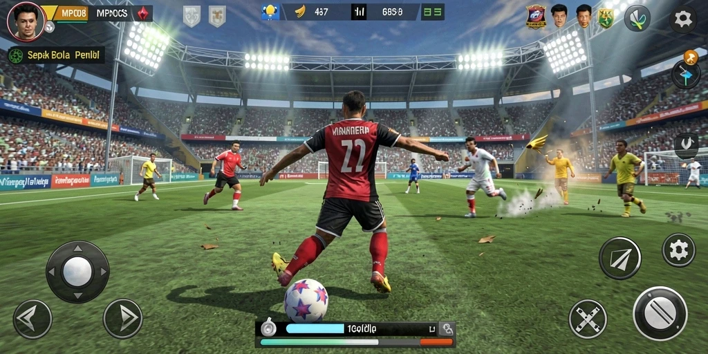 Screenshot MPO08 menampilkan aksi sepak bola yang mendebarkan di lapangan.
