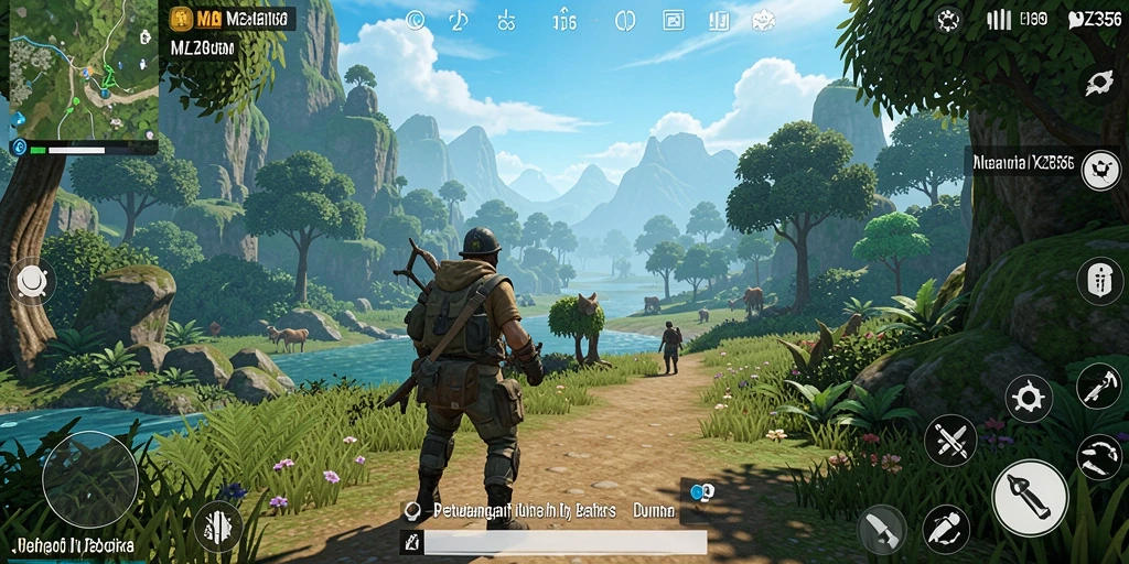 Screenshot MZ356 menampilkan pemain menjelajahi hutan yang rimbun.