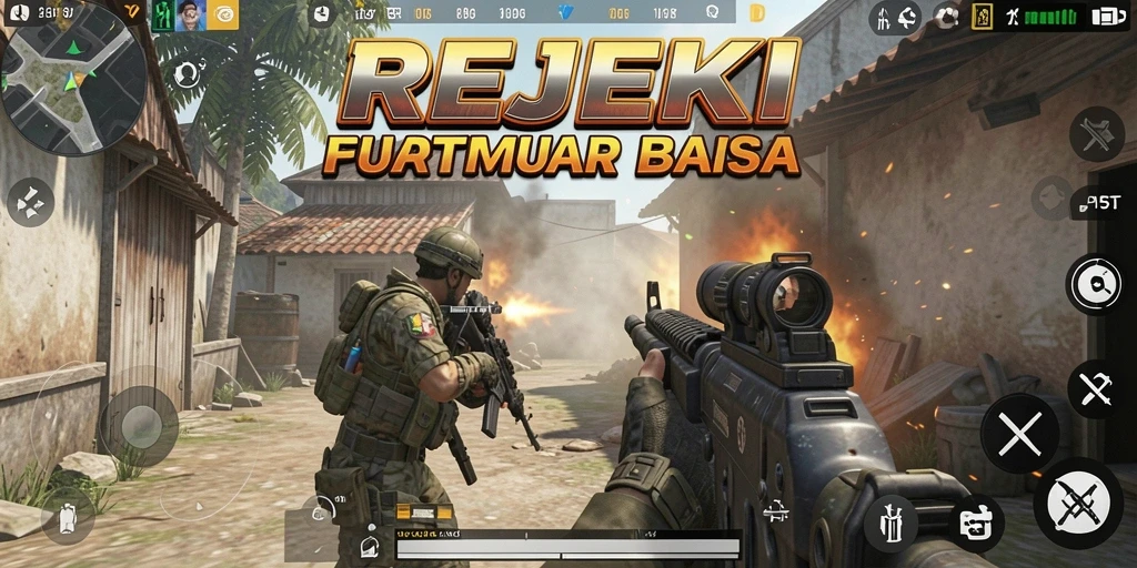 Tangkapan layar utama REJEKI menampilkan aksi pertempuran FPS yang mendebarkan.