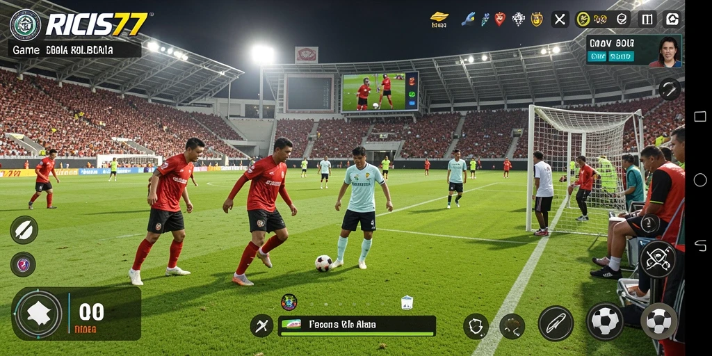 Screenshot gameplay RICIS77 menampilkan aksi sepak bola yang mendebarkan.
