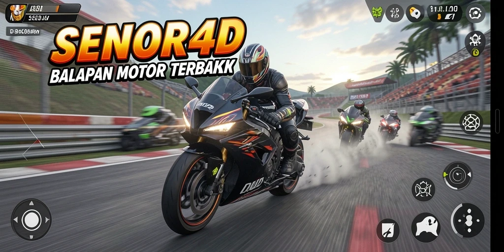 Screenshot gameplay SENIOR4D menampilkan aksi balapan motor yang mendebarkan.