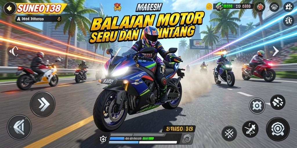 Tampilan utama screenshot SUNEO138 menampilkan duel balap motor yang mendebarkan.