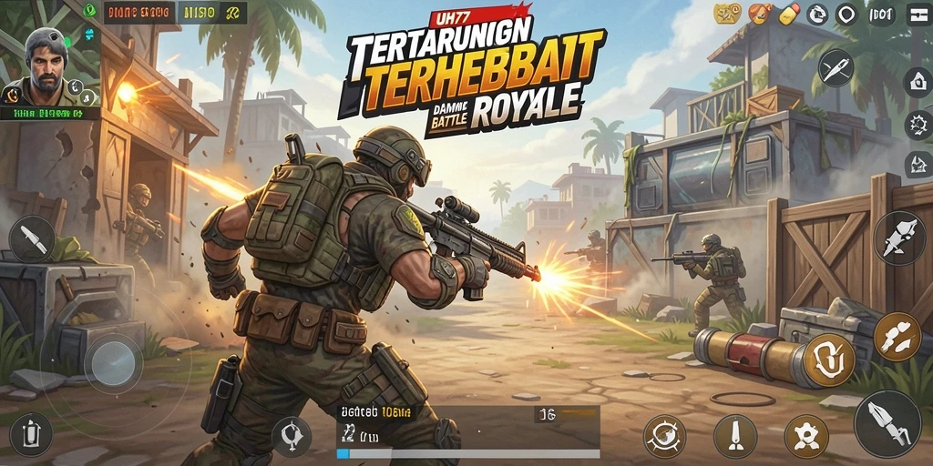 Screenshot utama UH77 menampilkan aksi seru dalam permainan Battle Royale.