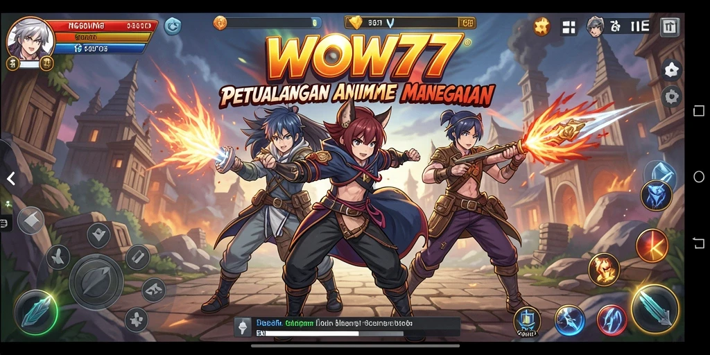 Screenshot utama WOW77 menampilkan karakter anime dalam aksi seru.